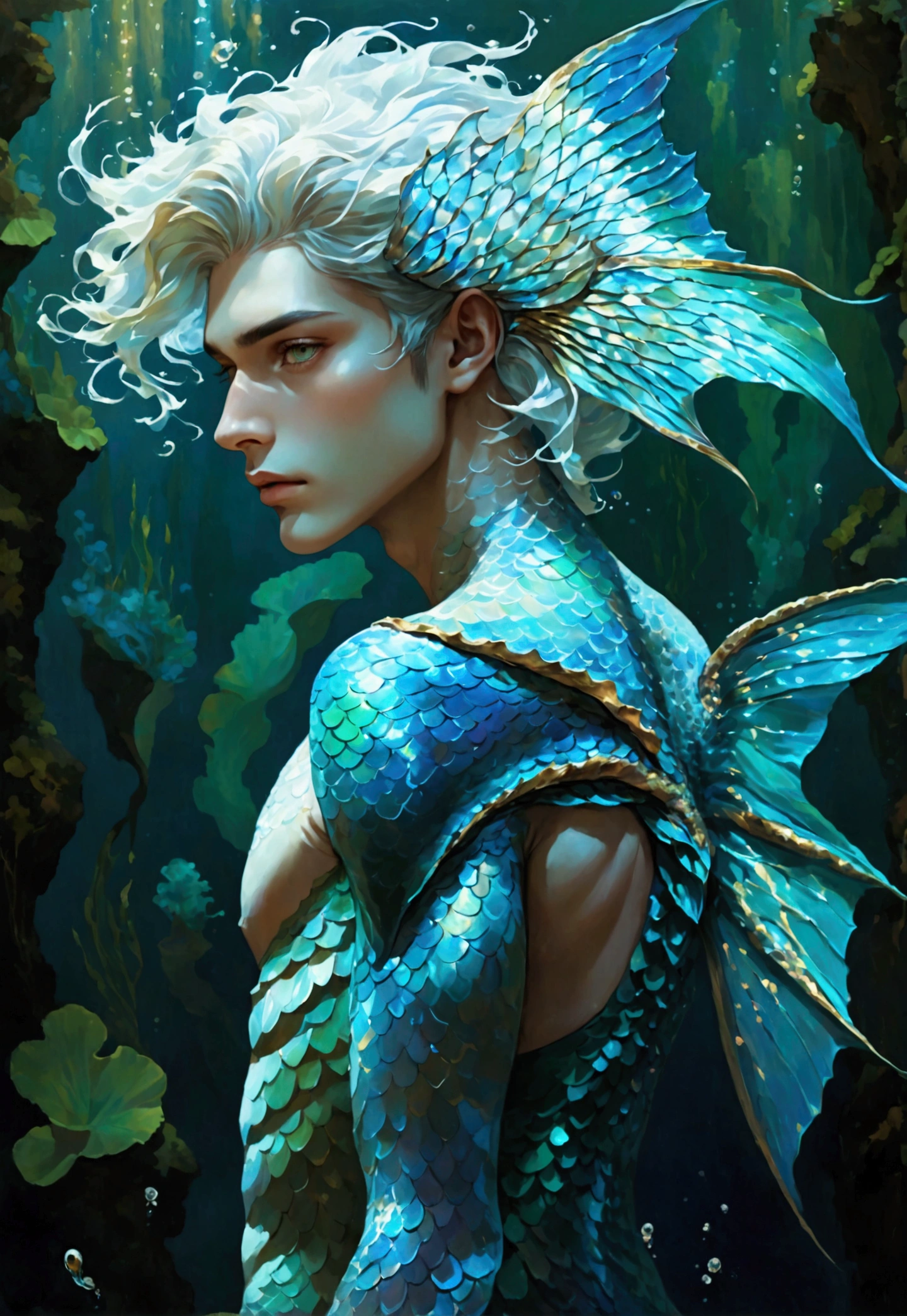 "Create a striking and captivating digital illustration of a male merman with the following features: Physical Appearance: Pale, porcelain-like skin with a delicate, almost ethereal quality Androgynous facial features that blend masculine and feminine traits - large, expressive golden eyes, high cheekbones, and full, sensual lips Long, flowing dark blue hair that cascades dramatically around the face and shoulders, creating a sense of movement and mystery A slender, lithe build with no visible muscle definition, giving the merman a delicate, almost fragile appearance Mermaid Tail: The merman’s lower body transitions into a long, powerful tail inspired by the vibrant and dramatic fins of a betta fish The tail is covered in shimmering, iridescent scales that shift and glimmer with a mesmerizing array of blues, greens, and golds The fins are large, flowing, and highly detailed, with intricate patterns and textures that suggest a sense of underwater movement and grace The tail tapers to a dramatic, elongated point, adding to the merman’s otherworldly and captivating appearance