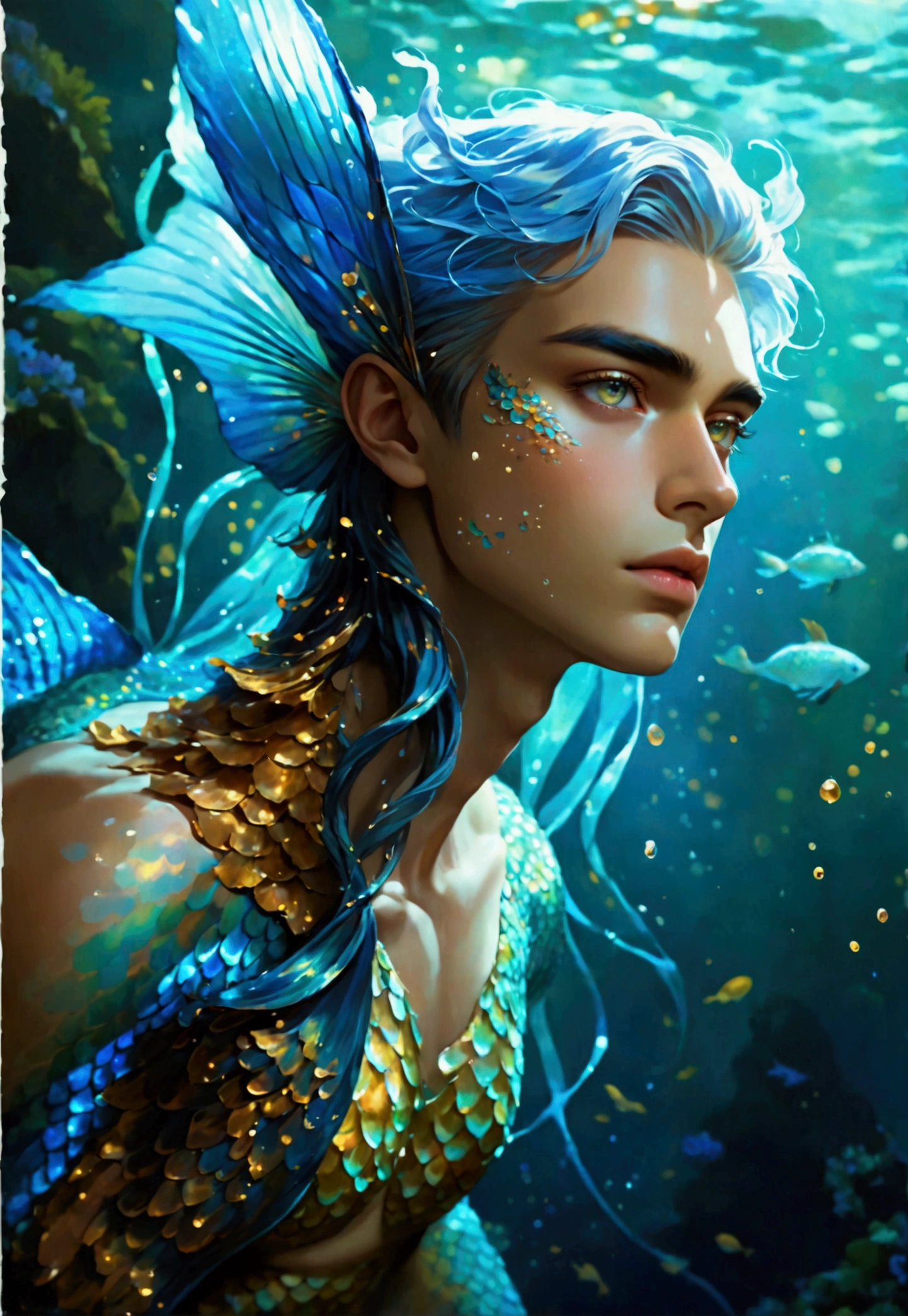 "Create a striking and captivating digital illustration of a male merman with the following features: Physical Appearance: Pale, porcelain-like skin with a delicate, almost ethereal quality Androgynous facial features that blend masculine and feminine traits - large, expressive golden eyes, high cheekbones, and full, sensual lips Long, flowing dark blue hair that cascades dramatically around the face and shoulders, creating a sense of movement and mystery A slender, lithe build with no visible muscle definition, giving the merman a delicate, almost fragile appearance Mermaid Tail: The merman’s lower body transitions into a long, powerful tail inspired by the vibrant and dramatic fins of a betta fish The tail is covered in shimmering, iridescent scales that shift and glimmer with a mesmerizing array of blues, greens, and golds The fins are large, flowing, and highly detailed, with intricate patterns and textures that suggest a sense of underwater movement and grace The tail tapers to a dramatic, elongated point, adding to the merman’s otherworldly and captivating appearance 