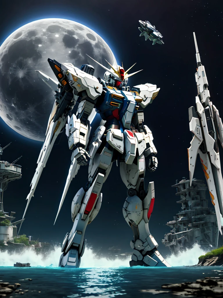 New launch century Gundam X、big moon、A fallen and destroyed space colony, Desolate Land, Broken Building, Submerged town, lake surface, Floating on the water, (standing on tiptoe:1.8), Satellite Cannon, Beautiful scenery, high resolution、Beautiful night sky、Multicolored light、Clean light、large on the back４Feathers、water surface、carrying a large cannon on his back、超high resolution、4K、countless stars々、overlooking、I'm poised、Firing regime, Bit-mobile suit around、