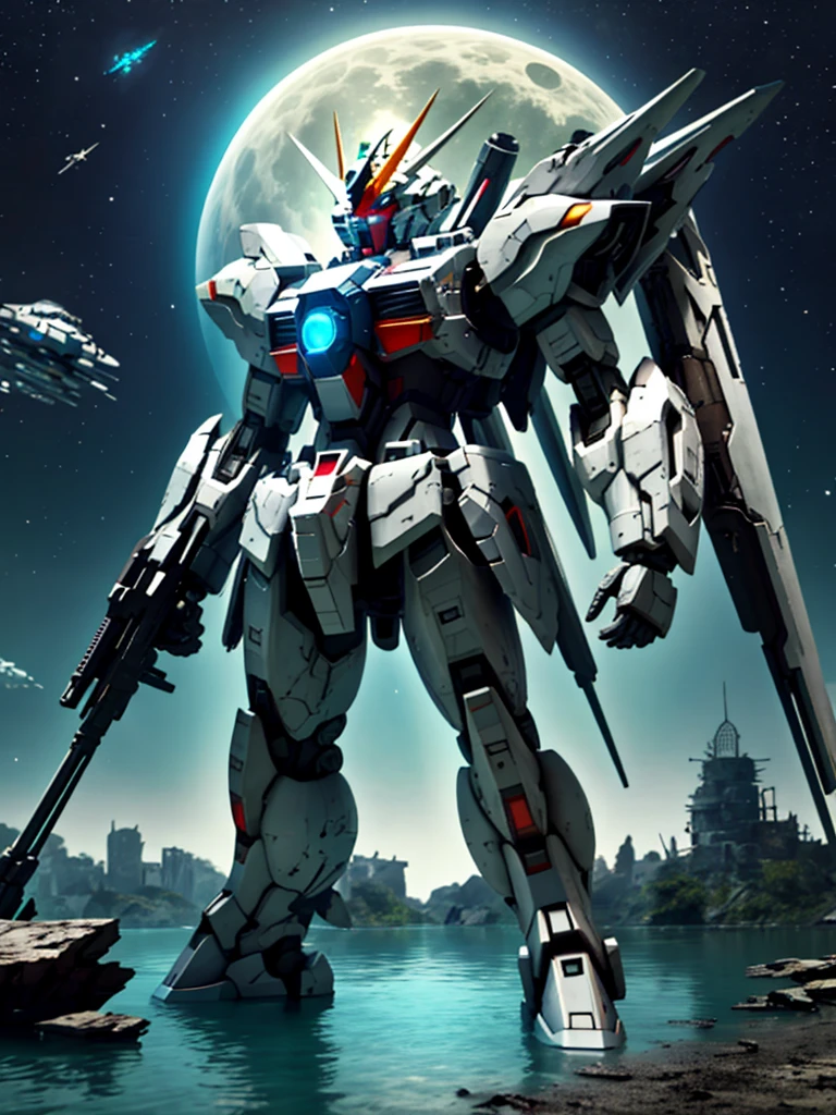 New launch century Gundam X、big moon、A fallen and destroyed space colony, Desolate Land, Broken Building, Submerged town, lake surface, Floating on the water, (standing on tiptoe:1.8), Satellite Cannon, Beautiful scenery, high resolution、Beautiful night sky、Multicolored light、Clean light、large on the back４Feathers、water surface、carrying a large cannon on his back、超high resolution、4K、countless stars々、overlooking、I'm poised、Firing regime, Bit-mobile suit around、