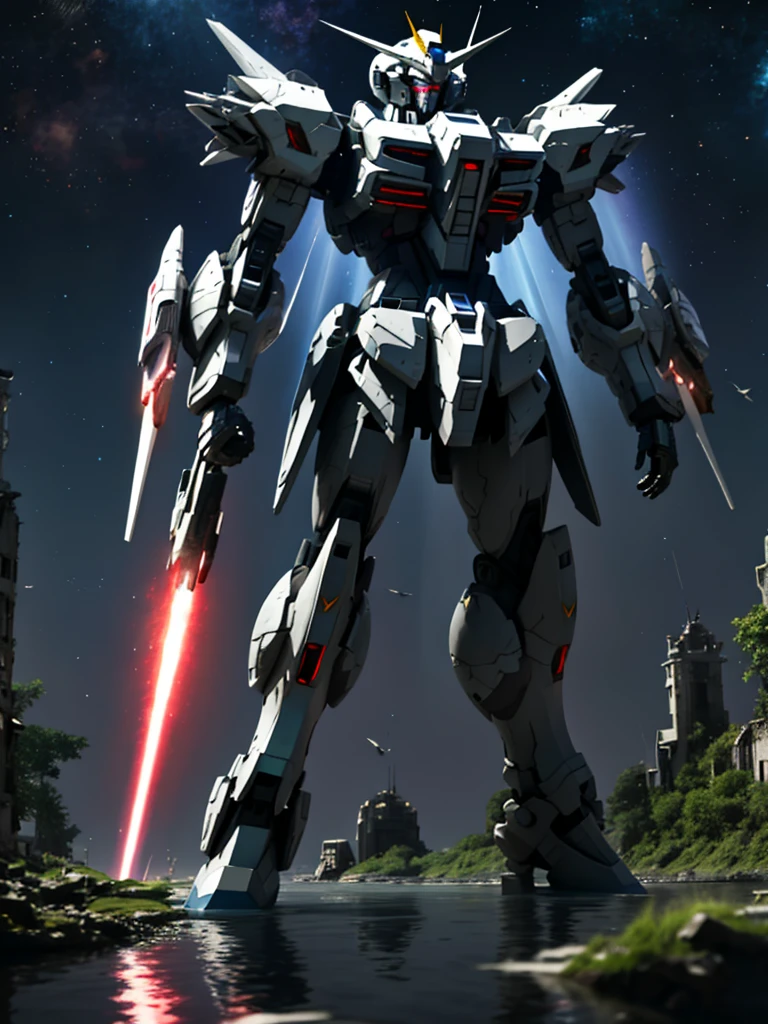 New launch century Gundam X、big moon、A fallen and destroyed space colony, Desolate Land, Broken Building, Submerged town, lake surface, Floating on the water, (standing on tiptoe:1.8), Satellite Cannon, Beautiful scenery, high resolution、Beautiful night sky、Multicolored light、Clean light、large on the back4Feathers、water surface、carrying a large cannon on his back、超high resolution、4K、countless stars々、overlooking、I'm poised、Firing regime, Bit-mobile suit around、