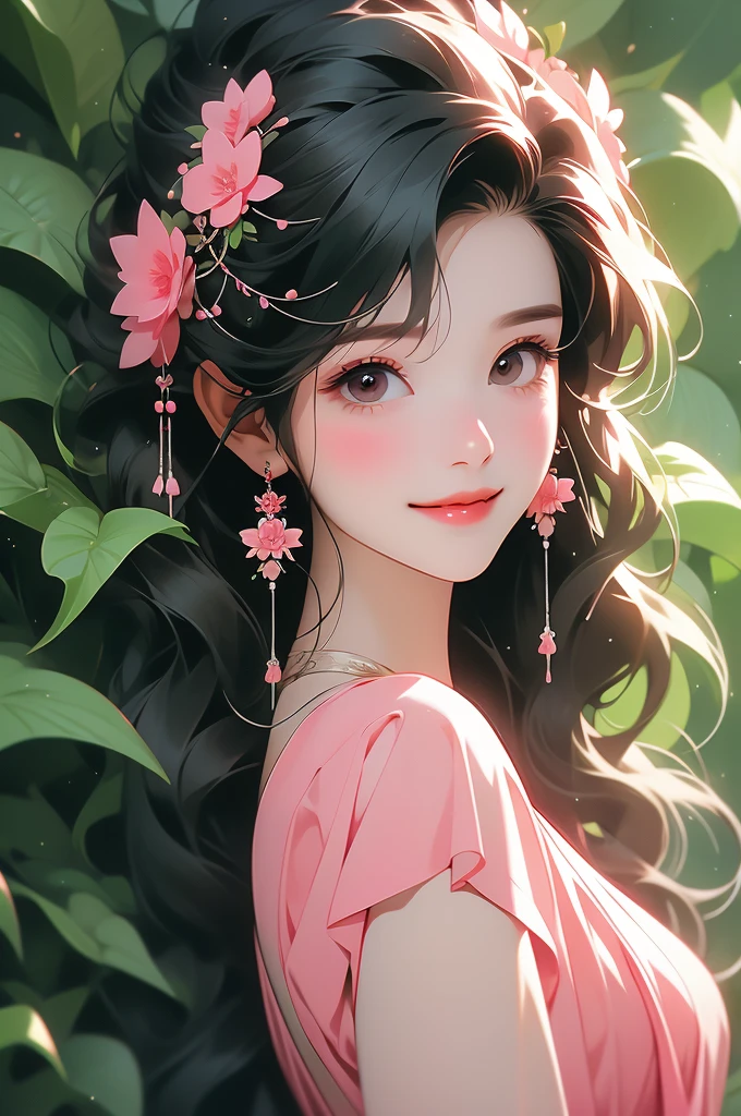 woman with Black shirt and pink flower in hair in front of green flower wall, 1girl, solo, flower, jewelry, hair ornament, earrings, hair flower, red nails, smile, long hair