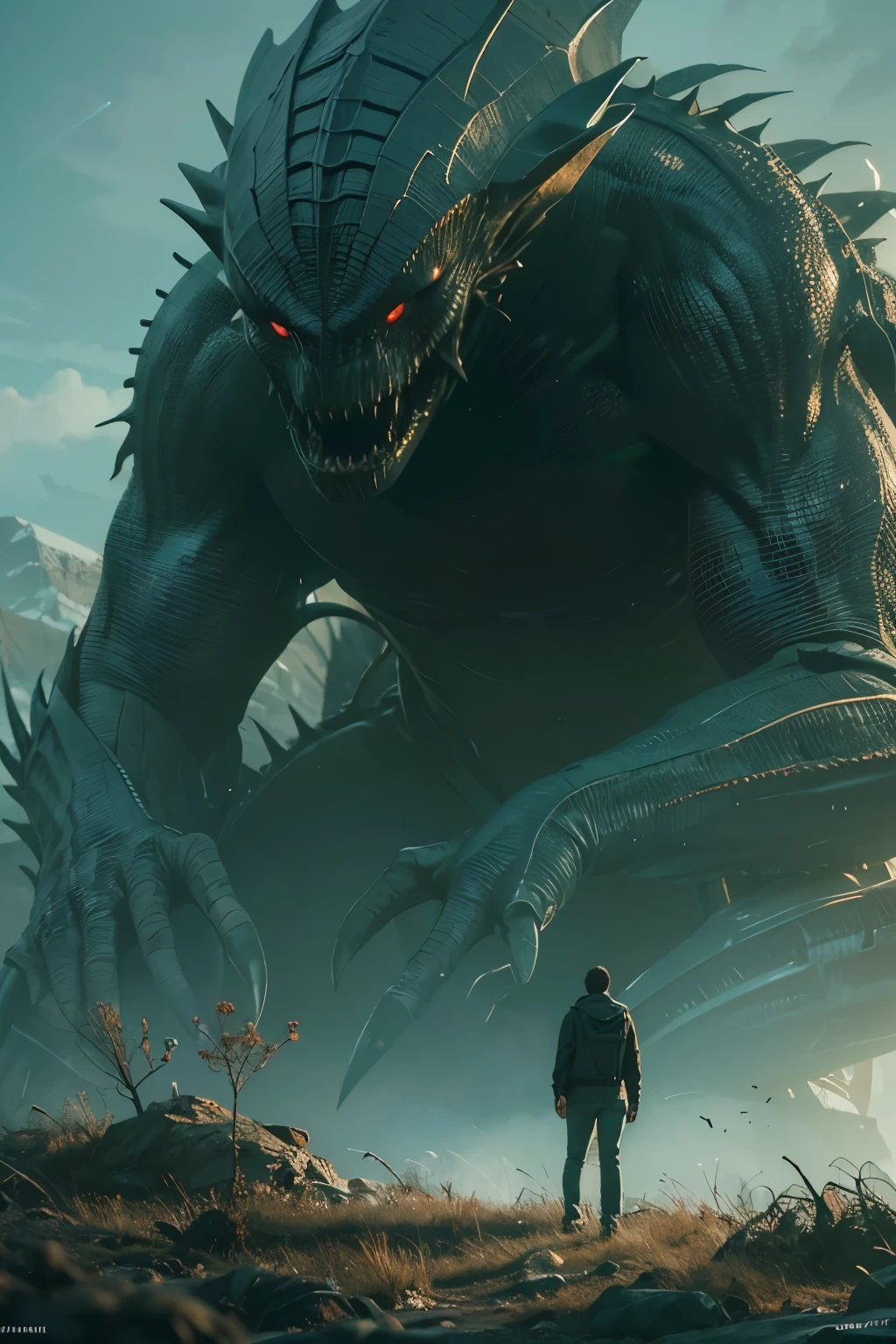 A very detailed painting,Depicts a man on a hill gazing at a giant alien monster, author:Shinkai Makoto, By Art Jem, From Wlop, author:Greg Rutkowski, Volumetric Lighting, Octane Rendering, 4K resolution, Popular on artstation, masterpiece ,
dark magic