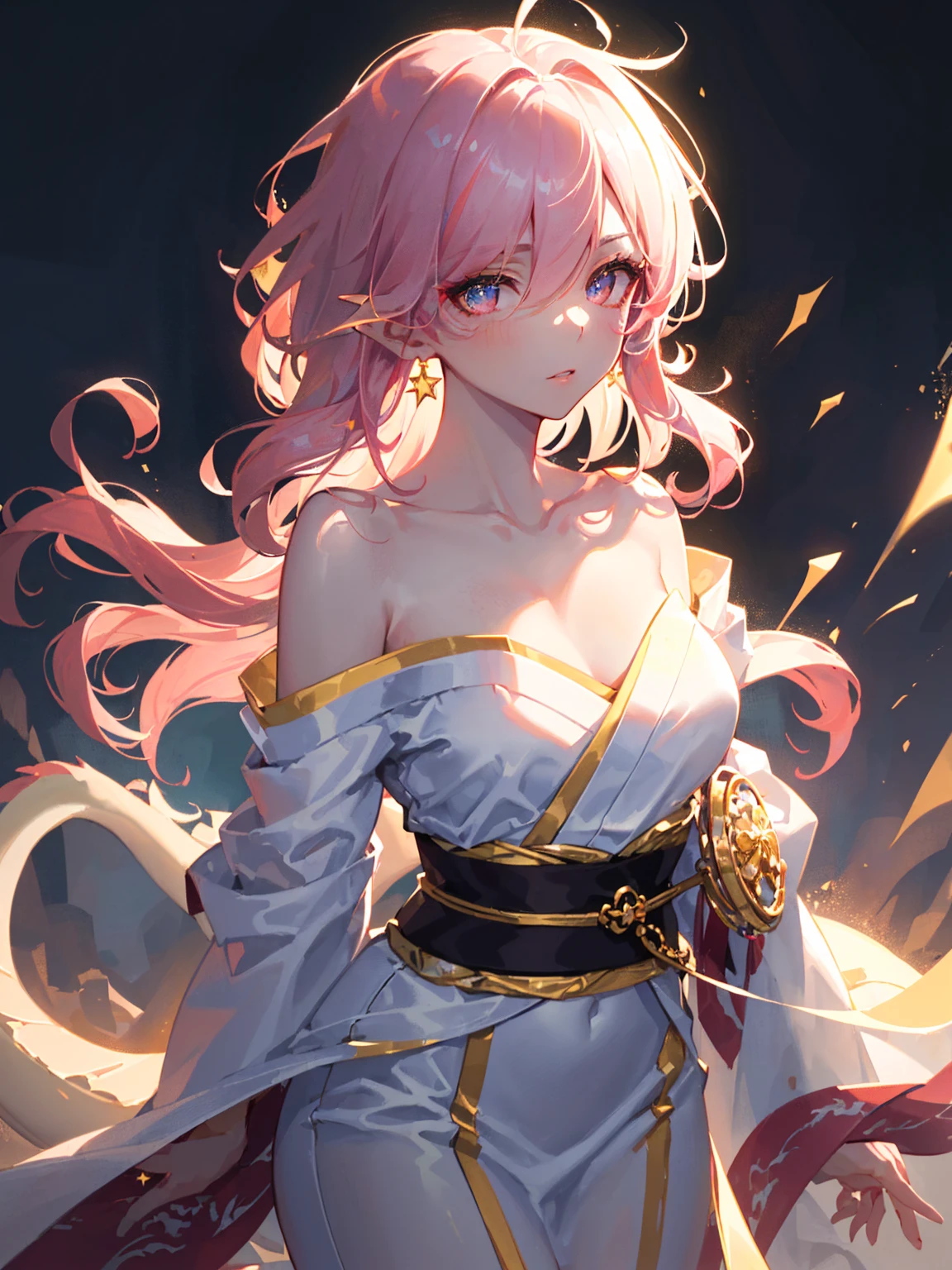 (sharp focus:1.2), masterpiece, ultra detailed, cinematic lightings, volumetric lighting, attractive young woman, (beautiful face:1.1), detailed eyes, luscious lips, (perfect body:1.2), perfect breasts, round breasts, upper body, cowboy shot, (wavy hair:1.2), japanese kimono, (golden jewelry, white and golden clothes, (golden clothes:1), (white clothes:1.3), golden ornaments, elegant cutout, clothes cutout, no straps, strapless, bare shoulders, perfect shoulders, off shoulder, detailed collarbone, perfect collarbone, (dragon tattoo:1.3), tattoo, revealing clothes, shiny silk, golden stripes clothes, detailed textures, (dragon clothes:1.3)), (exposed hips, exposed waist), perfect thighs, naked thighs, (moody lightings:1.2), (light rays:1.2), depth of field, bokeh, 4K, HDR. detailed iris, sparkle eyes, star in eyes, enchanting pink eyes, (multicolored eyes), (shining dust), (pink hair:1.3), (messy hair:1.3), (hair between eyes), (hair over one eye:1.2), (wavy hair:1.1)