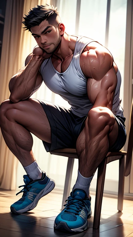 Draw an athlete，He is young，He was wearing shorts and a sleeveless shirt.，In the marble windowless room，Light coming from the side，He has well-developed muscles that are inconsistent with his age.，He is sweating，light blue，Face the audience，Sitting on the pure white sofa，Lean back on the backrest，，sleep，Wearing white socks，Broad shoulders ,Very strong, muscular，Men, Muscle Man，Clean face，full-body shot，Shoes, clothes and towels piled up at my feet