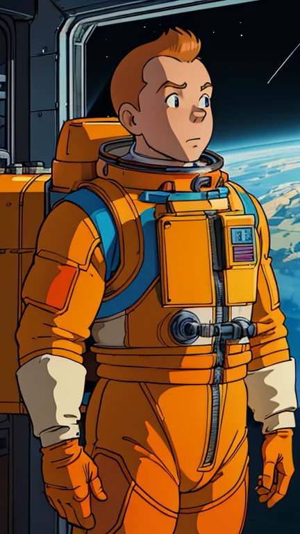 (s:1boy: Tintin,orange spacesuit), (extremely detailed CG unit 8k wallpaper),(master part), (best quality), (ultra detali), (best illustration),(melhor ombre), cowboy shot, (Sharp eyeliner, ombre, detailed eyes:1), earth in the background, space station indoors, ,break , (ghibli style), upper body,short hair, orange hair