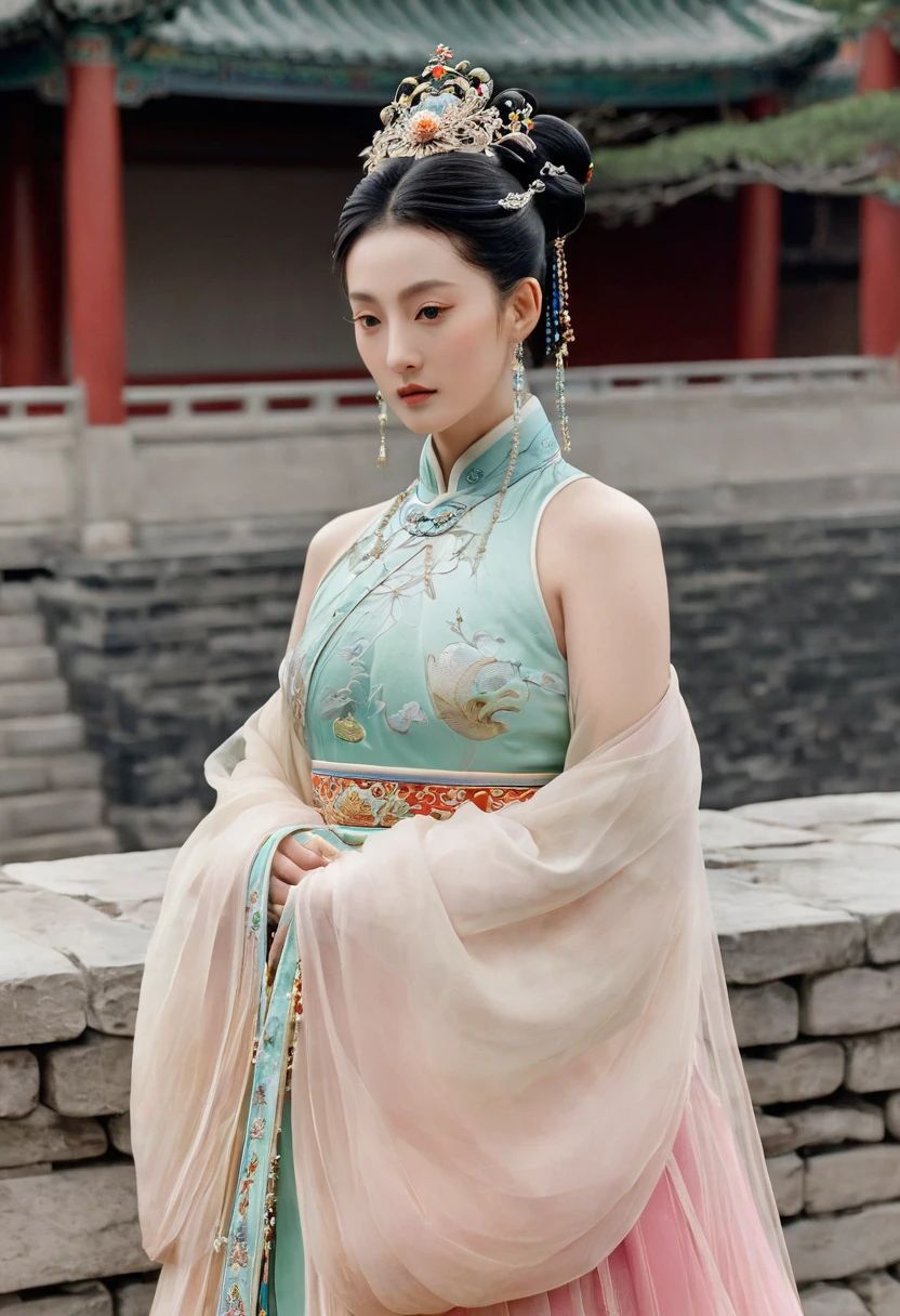 Chinese actress Xu Xun in The Legend of Ruyi (Zhou Xun) A Qing Dynasty Empress standing in front of the crowd. Her large breasts and hairy lower abdomen are visible. Her hair is tied up and pulled up with a gorgeous flower ornament.、A perverted erotic woman wearing the crown of a Qing Dynasty empress. The background is the stone paving of a Chinese palace during the Qing Dynasty. She is naked without underwear on the stone paving outside a Chinese palace during the Qing Dynasty.、