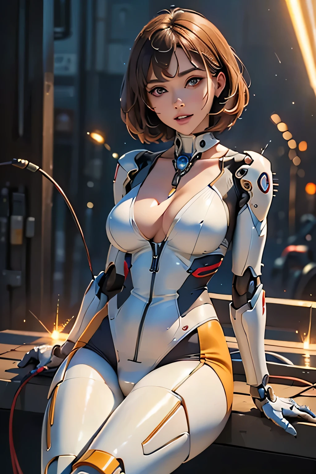 (((Sparks fly))), (((Highest quality))), ((Very detailedな)), (High-definition CG illustrations), ((Very delicate and beautiful)), Cinematic Light,((1 Mecha Woman)),alone,mature,(Ahegao),Big and ample breasts,Plump, whole body,(Machine made joints:1.2),((Mechanical marginal vessels connected to tubes),((Cervical vertebrae mechanically attached to the neck)),(((The crotch is open))),(Sitting),(wires and cables around the neck:1.2),(Overhead Wires and Cables:1.2)(Character Focus),sf,((Very detailed,colorful)),Best details