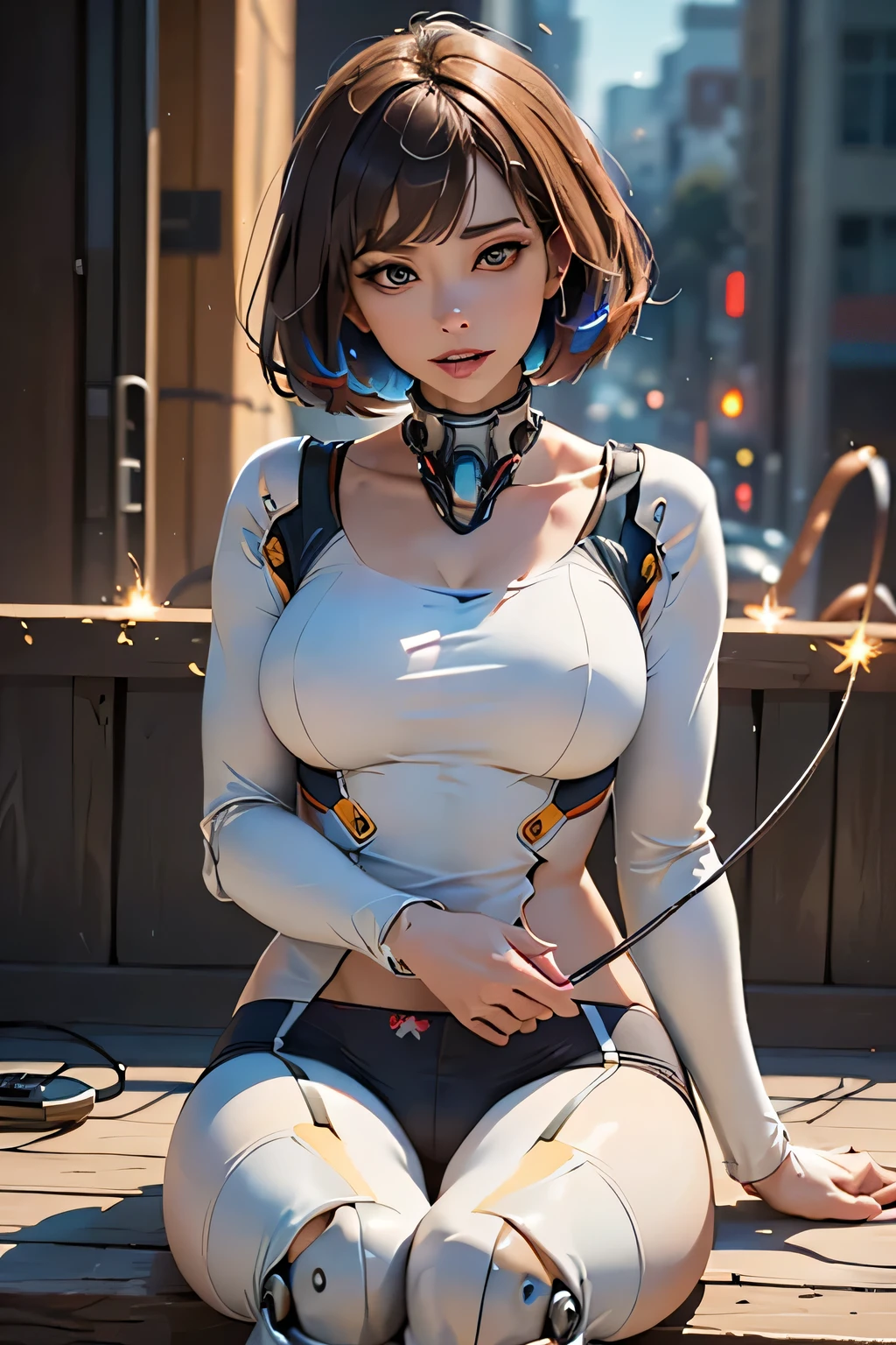 (((Sparks fly))), (((Highest quality))), ((Very detailedな)), (High-definition CG illustrations), ((Very delicate and beautiful)), Cinematic Light,((1 Mecha Woman)),alone,mature,(Ahegao),Big and ample breasts,Plump, whole body,(Machine made joints:1.2),((Mechanical marginal vessels connected to tubes),((Cervical vertebrae mechanically attached to the neck)),(((The crotch is open))),(Sitting),(wires and cables around the neck:1.2),(Overhead Wires and Cables:1.2)(Character Focus),sf,((Very detailed,colorful)),Best details