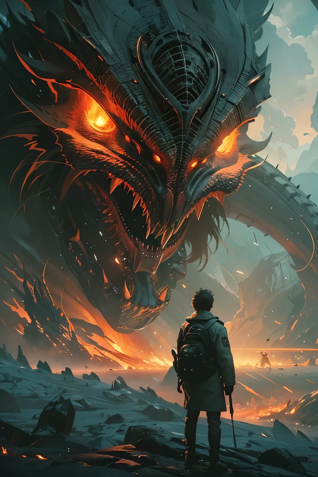 A very detailed painting,Depicts a man on a hill gazing at a giant alien monster, author:Shinkai Makoto, By Art Jem, From Wlop, author:Greg Rutkowski, Volumetric Lighting, Octane Rendering, 4K resolution, Popular on artstation, masterpiece ,flame magic