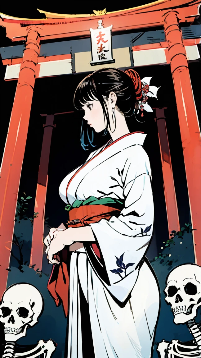 Wear a kimono with a skeleton pattern,Naked Women,Large Breasts,Big Breasts,There is a torii gate in the background.,The genitals are visible,