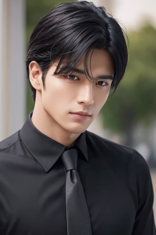 handsome black hair Muscular up Wear a black collared shirt With a sharp expression Pull up your hair A little more mature The gesture of loosening a tie