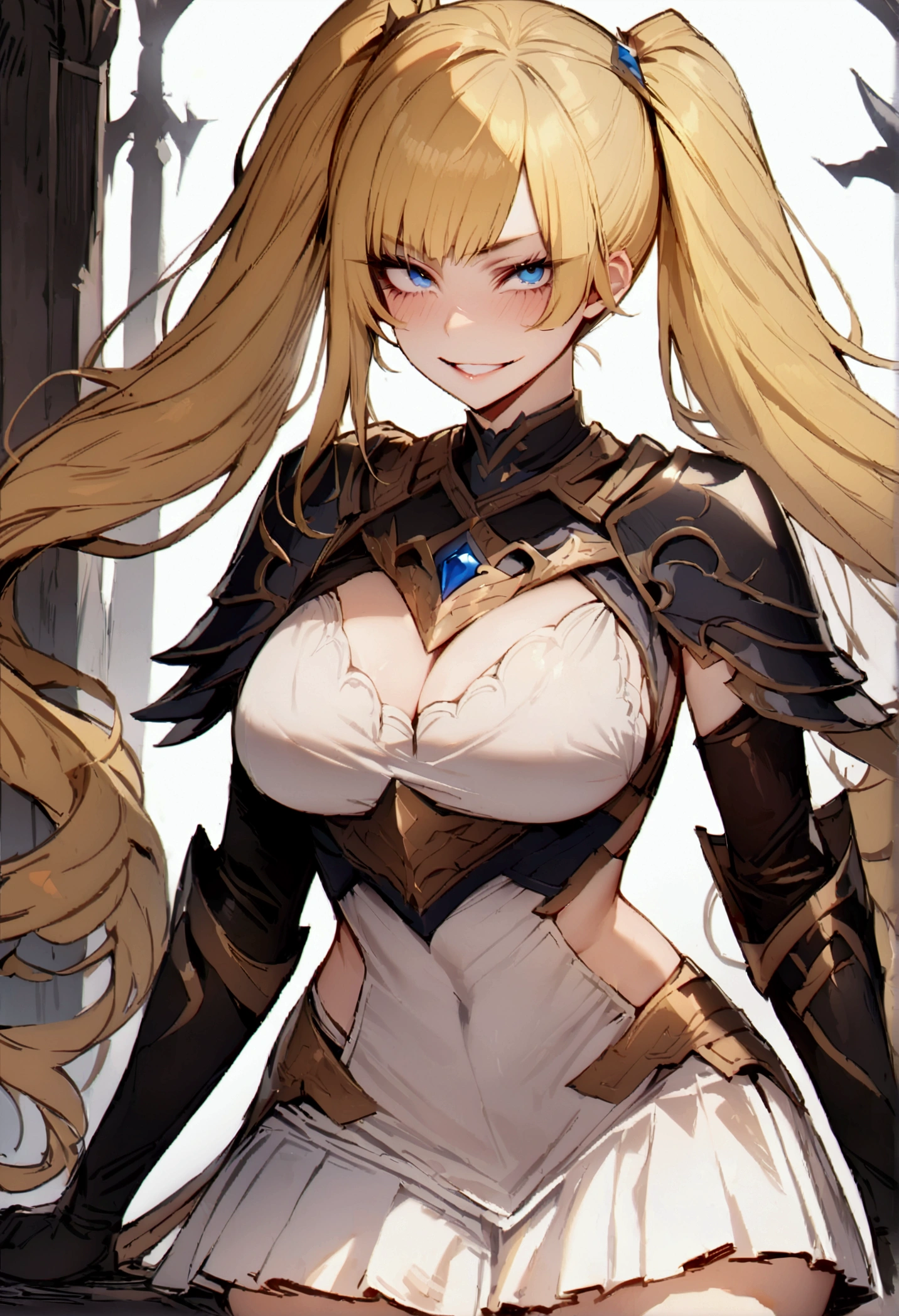 masterpiece, best quality 1girl, solo, beautiful woman, messy bangs, blond hair, long hair, twin tails, blue eyes, grin, large breasts, armour, short white skirt, plated skirt,   figureless black gloves, fantasy looking at viewer