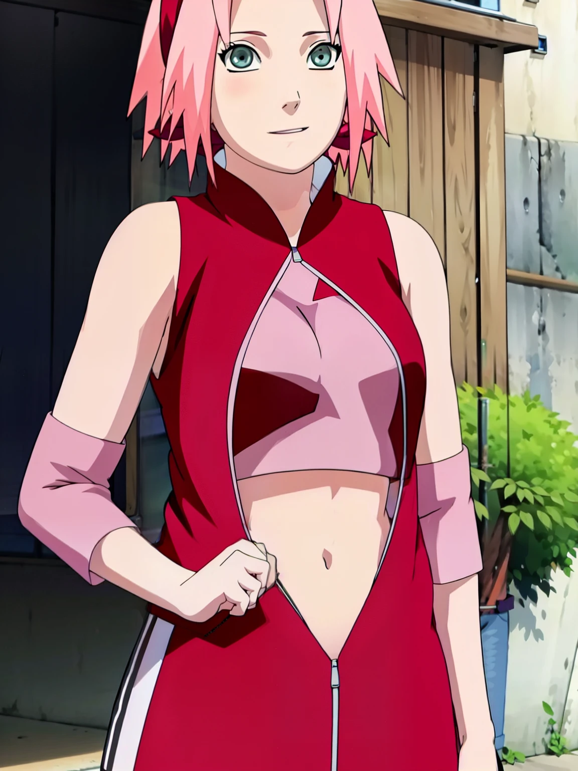 Sakura Haruno showing her belly with open zipper and open top showing her sexy breasts 