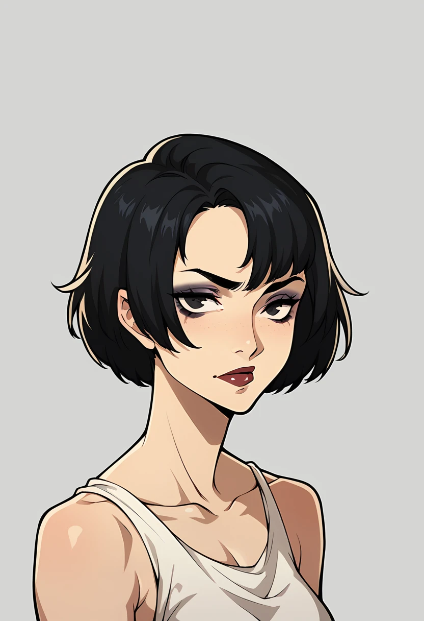 middle-age woman, short black hair, makeup