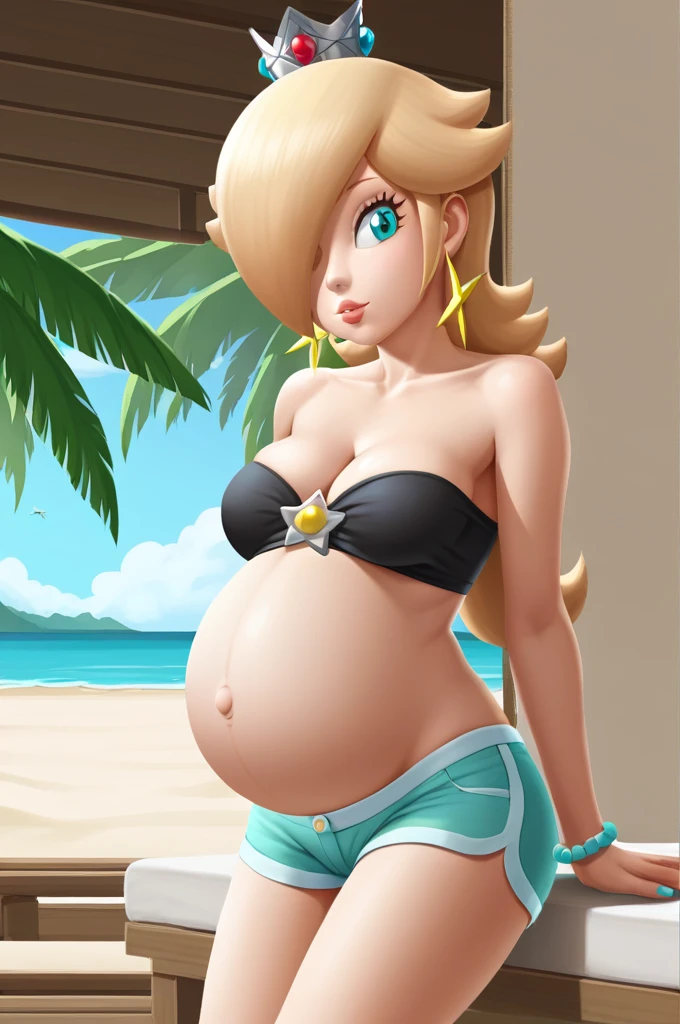score_9, score_8_up, 1girl, solo, rosalina, style parody, thick outlines, black bikini, shorts, pregnant belly, sleeveless, strapless, cleavage, indoors, beach,