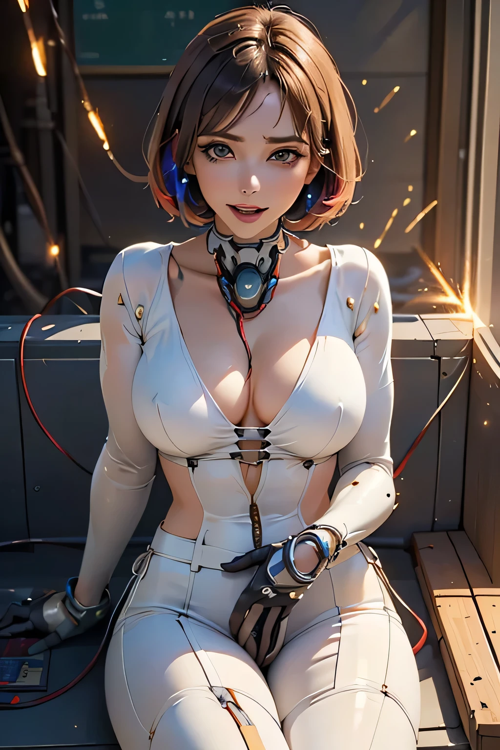 (((Sparks fly))), (((Highest quality))), ((Very detailedな)), (High-definition CG illustrations), ((Very delicate and beautiful)), Cinematic Light,((1 Mecha Woman)),alone,mature,(Ahegao),Big and ample breasts,Plump, whole body,(Machine made joints:1.2),((Mechanical marginal vessels connected to tubes),((Cervical vertebrae mechanically attached to the neck)),(((The crotch is open))),(Sitting),(wires and cables around the neck:1.2),(Overhead Wires and Cables:1.2)(Character Focus),sf,((Very detailed,colorful)),Best details