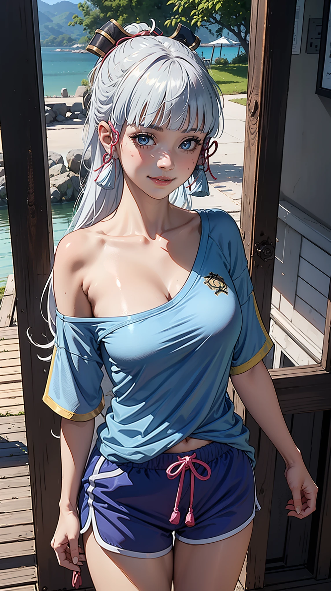 (Girl),(kamisatoayakarnd),masterpiece,large breast, outdoors, looking at viewer, detail eyes, detail face, standing, smile, (front view:1.3), dolphin shorts, Single Bare Shoulder shirts, upper body shot,(detailed face), (cleavage), white shirts,