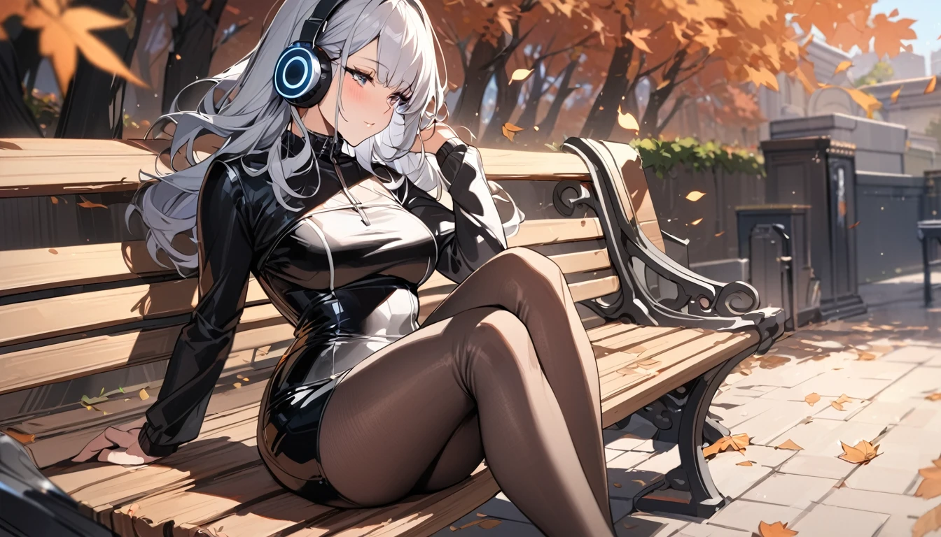 ((Top Quality)), ((Masterpiece)), ((Details)), perfect face, perfect body, fallen leaves background, sitting on a bench, listening to music, wearing headphones, wearing tight clothes, wear a tight skirt, dating, Woman with face visible, glamorous