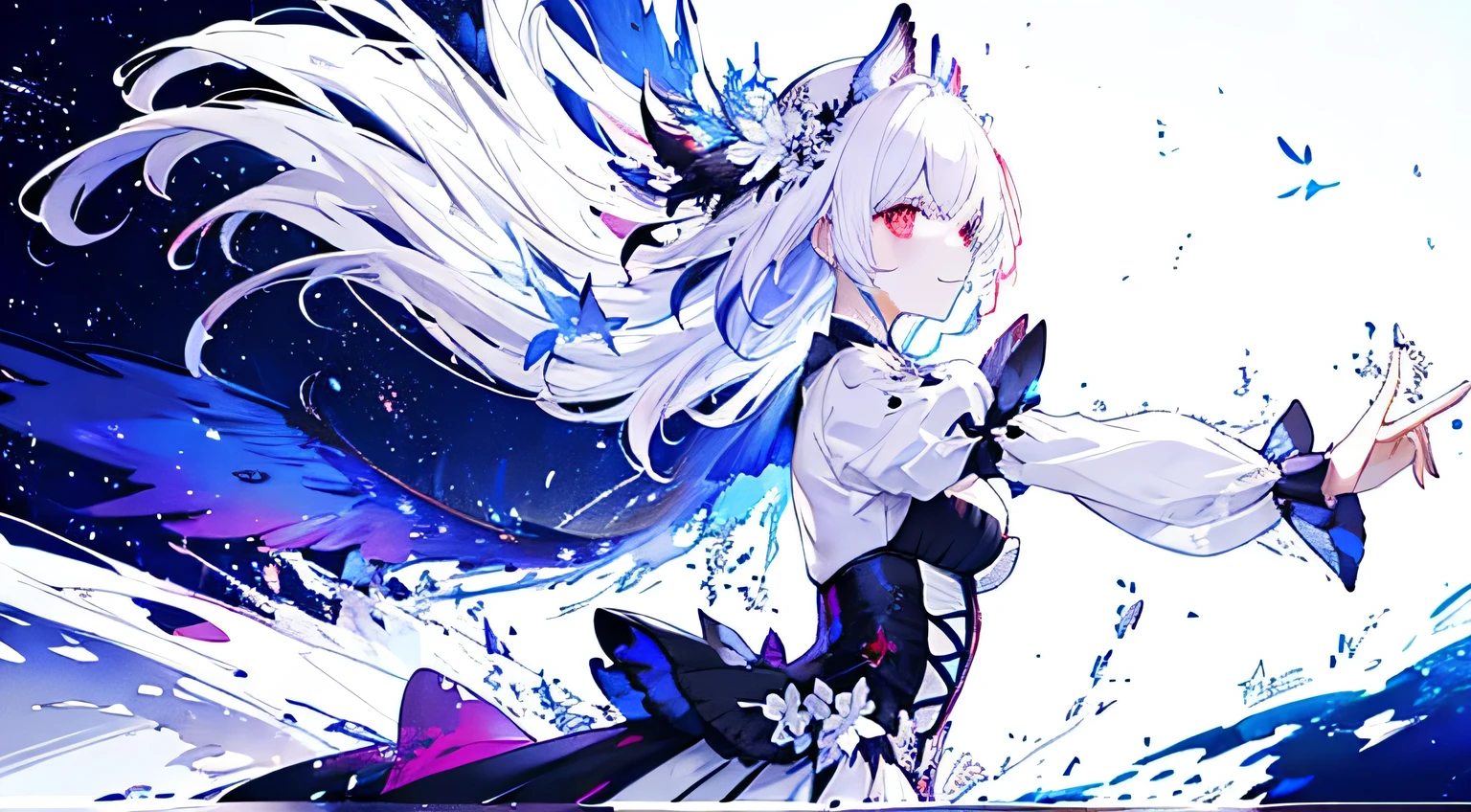 ((masterpiece:1.4,Highest quality))+,(Hyper Detail)+,(Very fine eye)+,(winged ears:1.5),
(Cute Girls),,(Dark red eyes:1.15),Long white hair,Dual Horsetail,Bushy hair,Red Hairband(wariza:1.2),Pale-skinned,think hard,smile,Blood,Bloodstain
(She's wearing conservative blue., Red and black dress,Red pattern,Full of fluffiness:1.5),(Black gloves:1.4)Long sleeves,Pearl Necklace,Black Earring People,Sangolengua,Gemstone Jewelry,Sea of fish and trees,White witch hat,conch shell headdress,clarinet,sing,School of fish,Fish bone decoration,put your hands behind your back,Turn your head forward,
(Fishtail:1.1),
(Dawn Light:1.2),
(Dark black and white:1.16),(Depth of written boundary:1.4)Intricate detailixing colors,detailed route,wonderful,Super Detail,The content is very detailed,(High contrast:1.11),wind,Wonderful cleavage,Beautiful Eyes,Messy Hair,(Best lighting,Extremely delicate and beautiful), ((Cinema Lighting)), (View from the side:1.3),8k,masterpiece,Highest quality,Movie stills,1 plump girl,Floating in the sky,Intertwined clouds,cloud,(Cleavage close-up:1.1),bright,Hilarious,interesting,Gentle soft lighting,(Bauhaus,shape,line engineering,Abstract:1.1)Official Art, unity 8k wallpaper, Super detailed, Beautiful and beautiful, masterpiece, Highest quality, (Dynamic Angle:1.4),Romantic Depth of written boundary Exotic_dance,Perfect NwsjMajic,(masterpiece,Highest quality,Highest quality,Official Art,Beauty and aesthetics:1.2),The content is very detailed,Rich colors,Best details,