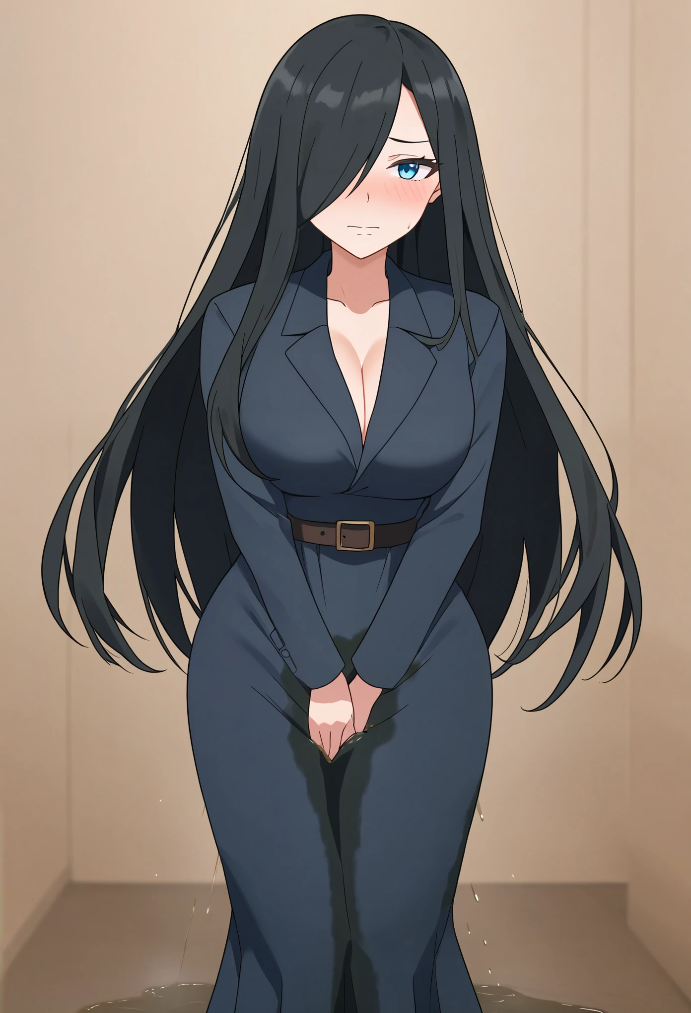 (high quality,Very detailed:1.37, High resolution), Woman, pokemoncynthia, large breasts, black hair, hair over one eye, long hair, blue eyes, black coat, black dress, very long dress, coat, looking at viewer, masterpiece, best quality, (wetting herself:1.5), (embarrassed:1.5), (humiliation:1.5), (sweating:1.25), (blushing:1.5), (standing:1.5)