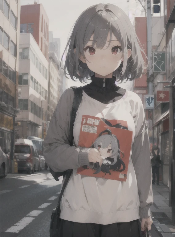 Sleeve Cover, Stylized, perspective, 2 text, Super detailed, Perfect composition, A magnificent composition , Gray Hair , Red eyes