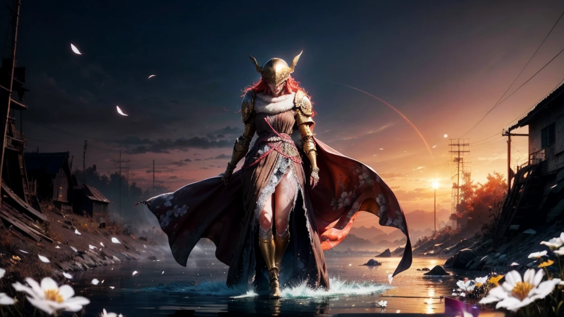 very detailed, high quality, masterpiece, beautiful, small, prosthesis ноги, Single mechanical arm, prosthesis, armor, e.g, Helmet, brown dress, a sword, holding a sword, full body, wide shot, flower, water, One, sunset, stylebuff, ht, (dark environment), very detailed, high quality, masterpiece, beautiful, 1 girl, prosthesis ноги, Single mechanical arm, prosthesis, smallDef, armor, e.g, Helmet, brown dress, full body, (Best quality)), ((masterpiece: 1.2) ), (extremely detailed: 1.1), (8 K, high quality, cinematic, hyper realistic, illustration), (autodesk maya, Octane rendering, unreal engine, game character, Ray tracing, HDR), (16mm focal length , f/4 apertures, Dynamic perspective, depth of field), (1 girl, Dynamic angle, casting pose. small, long bright red hair, blood-like, brown dress из шиповника, Single mechanical arm, prosthesis ноги, prosthesis, boots of battle. Cloak of blood, underlying golden armor, valley of withered flowers, ancient sculptures around it), 3d, realistic, computer graphics, 3d модель, beautiful, elegant, confident, (hdri, blossom, edge lighting, soft lighting, restrained), zhongfenghua, Gentle\(armor\) ancient robe, golden Helmet, magician_glamorous, caftan,