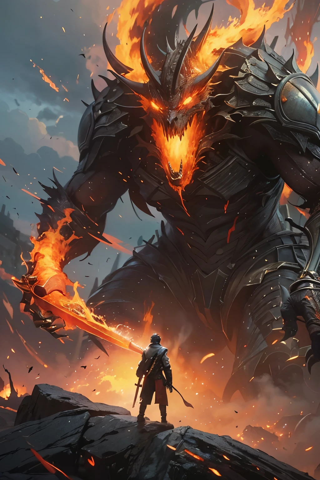 A very detailed painting,Depicts a man have a weapon on a hill gazing at a giant alien monster flame breath, author:Shinkai Makoto, By Art Jem, From Wlop, author:Greg Rutkowski, Volumetric Lighting, Octane Rendering, 4K resolution, Popular on artstation, masterpiece ,wind magic