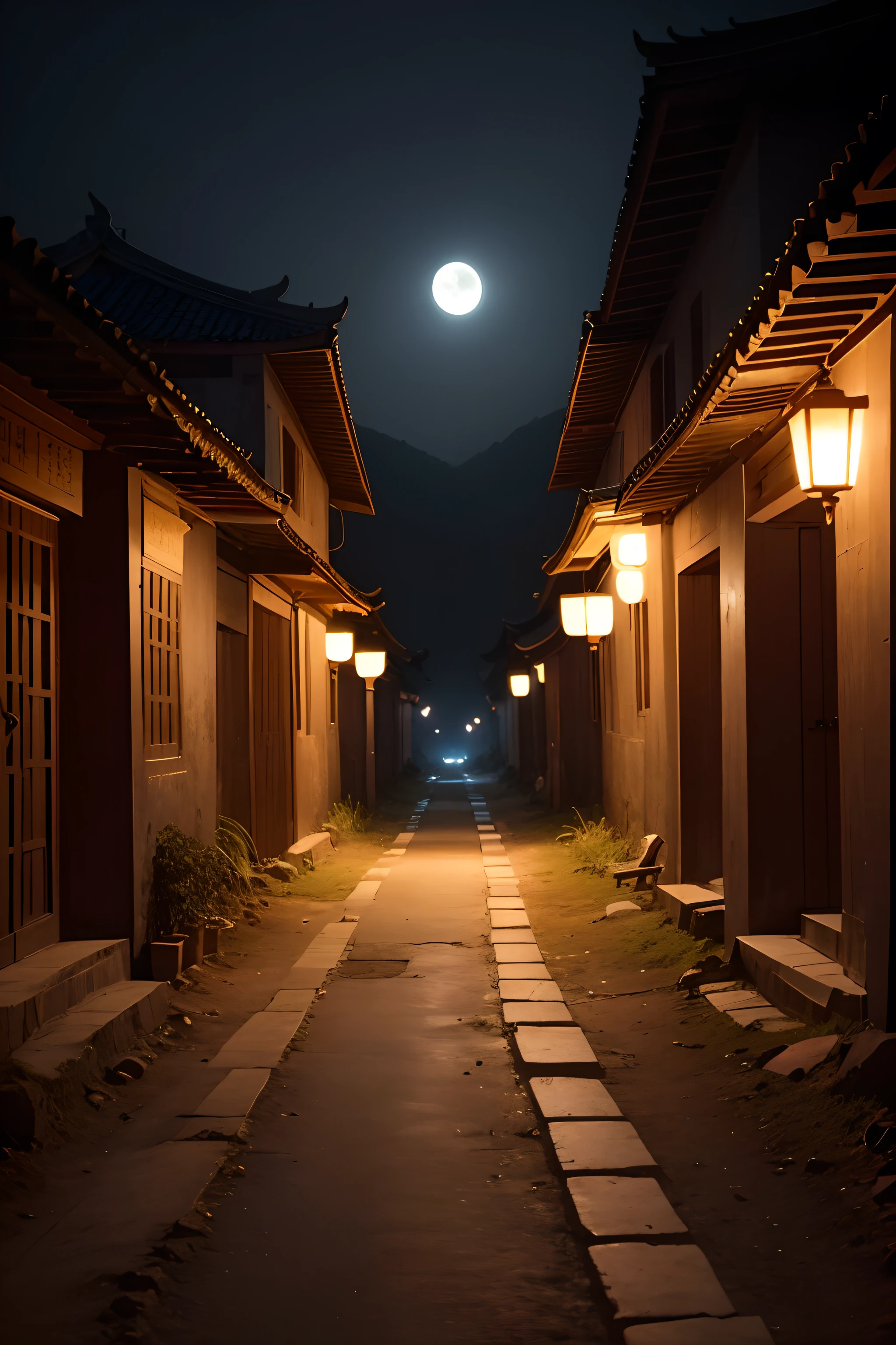 A moonlit night in the middle of an unlit country road in an ancient Chinese village。.