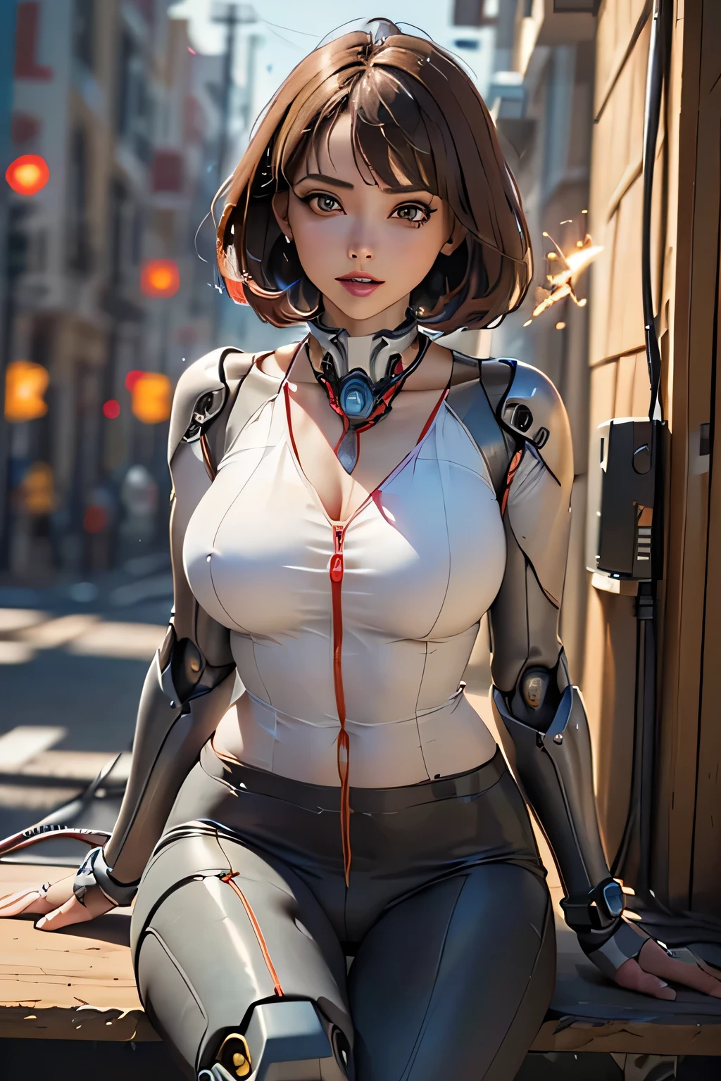 (((Sparks fly))), (((Highest quality))), ((Very detailedな)), (High-definition CG illustrations), ((Very delicate and beautiful)), Cinematic Light,((1 Mecha Woman)),alone,mature,(Ahegao),Big and ample breasts,Plump, whole body,(Machine made joints:1.2),((Mechanical marginal vessels connected to tubes),((Cervical vertebrae mechanically attached to the neck)),(((The crotch is open))),(Sitting),(wires and cables around the neck:1.2),(Overhead Wires and Cables:1.2)(Character Focus),sf,((Very detailed,colorful)),Best details