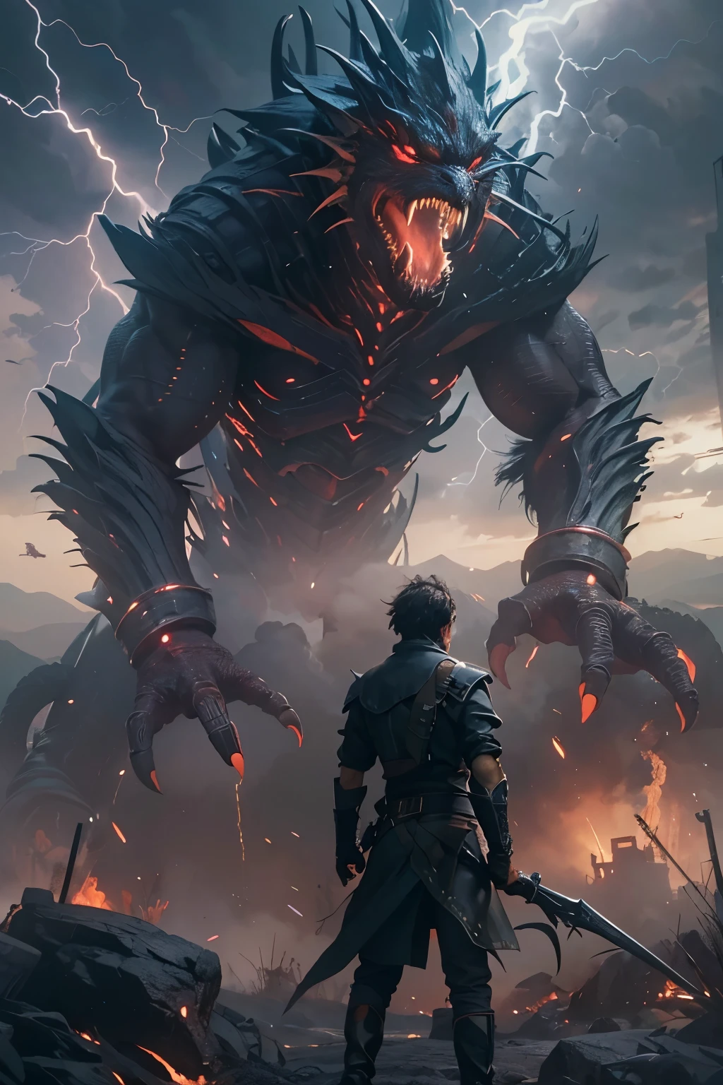 A very detailed painting，Depicts a man　have a weapon on a hill gazing at a giant alien monster lightning breath, author：Shinkai Makoto, By Art Jem, From Wlop, author：Greg Rutkowski, Volumetric Lighting, Octane Rendering, 4K resolution, Popular on artstation, masterpiece ,wind magic