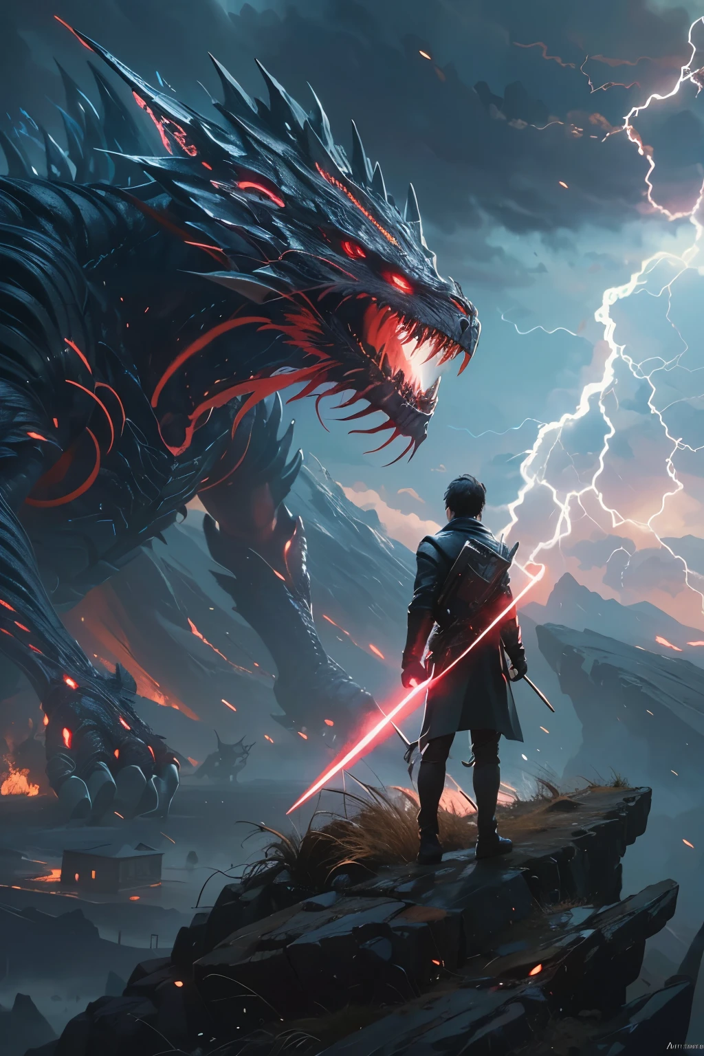A very detailed painting,Depicts a man have a weapon on a hill gazing at a giant alien monster lightning breath, author:Shinkai Makoto, By Art Jem, From Wlop, author:Greg Rutkowski, Volumetric Lighting, Octane Rendering, 4K resolution, Popular on artstation, masterpiece ,wind magic