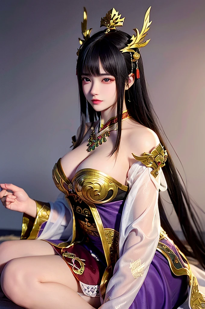 Female, Chinese ancient mythology, Asian costumes. Delicate, sharp features, cold yet alluring eyes. Long black/brown hair, styled elaborately, adorned with gold/jade accessories. Red/purple luxurious attire, multi-layered with complex patterns, made from high-quality fabrics. Wears lavish jewelry, emphasizing her powerful presence.