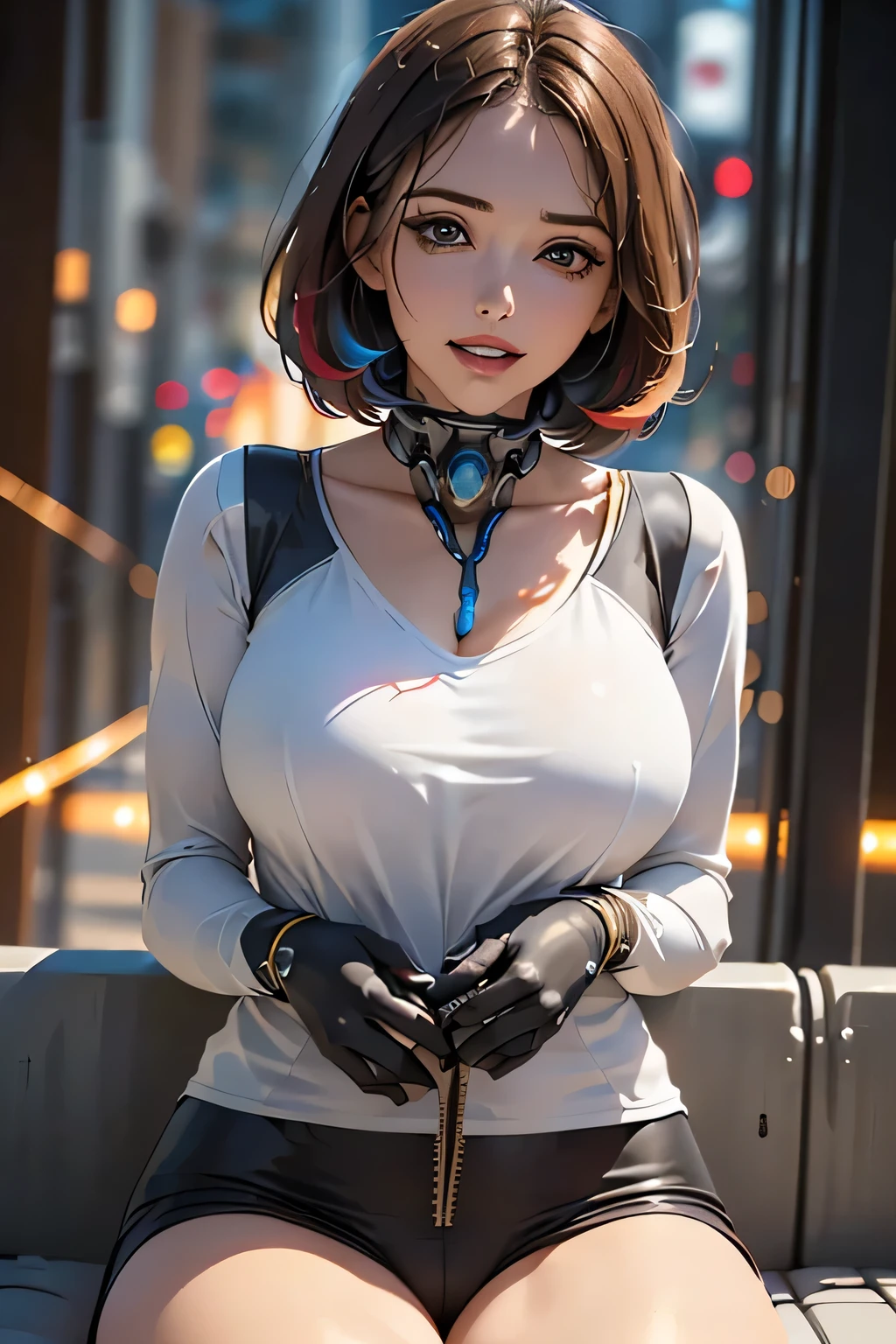 (((Sparks fly))), (((Highest quality))), ((Very detailedな)), (High-definition CG illustrations), ((Very delicate and beautiful)), Cinematic Light,((1 Mecha Woman)),alone,mature,(Ahegao),Big and ample breasts,Plump, whole body,(Machine made joints:1.2),((Mechanical marginal vessels connected to tubes),((Cervical vertebrae mechanically attached to the neck)),(((The crotch is open))),(Sitting),(wires and cables around the neck:1.2),(Overhead Wires and Cables:1.2)(Character Focus),sf,((Very detailed,colorful)),Best details