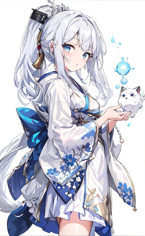 Anime girl in a blue dress with white hair and holding a white cat, Cute girl anime visuals, White-haired God, shikishi, Cute anime waifu in a nice dress, From Arknights, 《Azur Lane》role, Onmyoji portrait, Scenes of《Azur Lane》Video game, Anime illustration, Anime Moe Art Style, Young anime girl close up, Azur Lane style