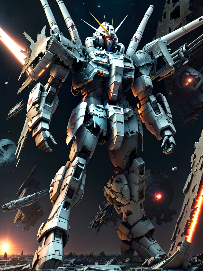 New launch century Gundam X, big moon, (((A fallen and destroyed space colony:1.7)), Desolate Land, Broken Building, Submerged town, lake surface, Floating on the water, (standing on tiptoe:1.8), Satellite Cannon, Beautiful scenery, high resolution, Beautiful night sky, Multicolored light, Clean light, large on the back4Feathers、water surface, carrying a large cannon on his back, Super-high resolution、4K、countless stars々、overlooking, I'm poised, Firing regime, Bit-mobile suit around、