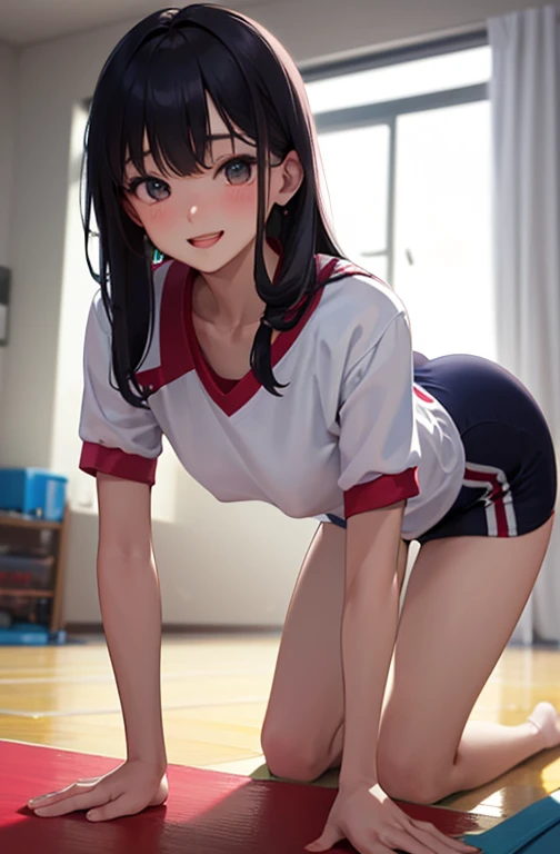 (masterpiece, Highest quality), One girl, Close-up face, (from the front:1.2), (On all fours on the floor:1.2), (Looking down:1.2), Break Girl, casual,Gym suit、School gym、 (good:1.2), Chest gap, Medium chest, Saggy breasts, Down blouse,、Leaning forward、Random hair color、 ８hair, Highest quality, masterpiece, Very detailed、、、Young Face、、Fuller lips、、、blush、lipstick、Medium chest、Perfect hands、Fine hand,、smile、smile、Gymnastics Matの上、Gymnastics Mat、Gym suit