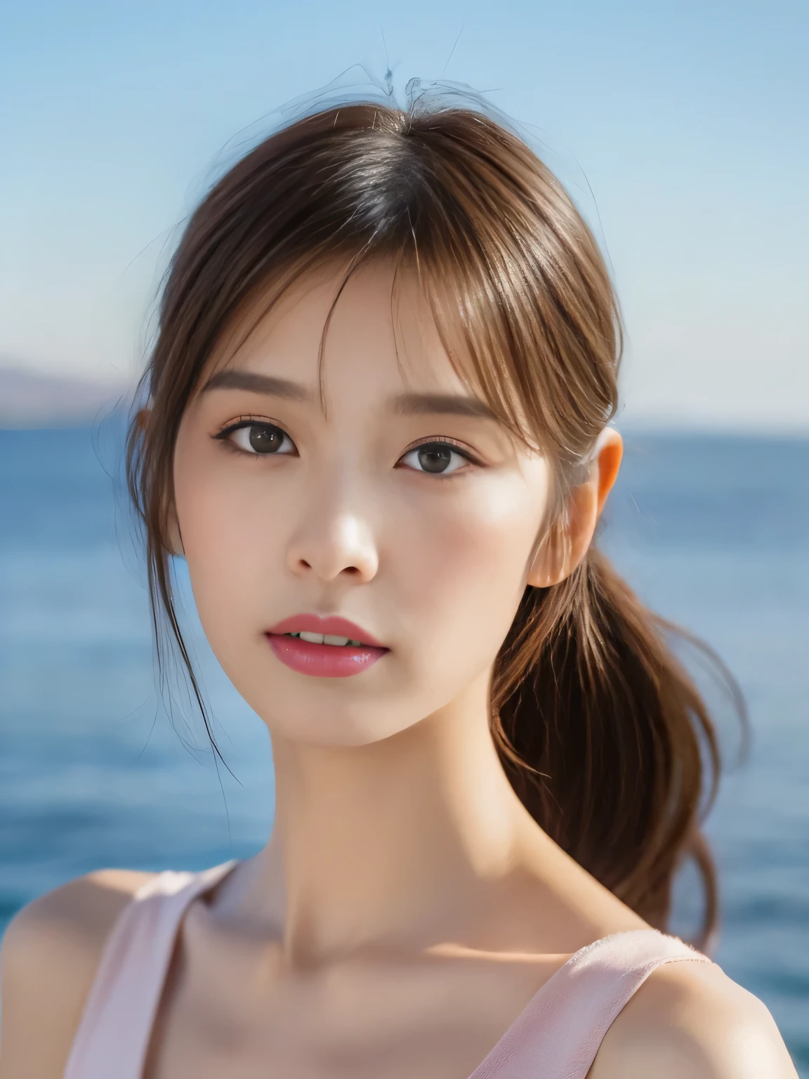 ((highest quality, 8K, masterpiece :1.3)), (realistic, Photoreal:1.4), sharp focus:1.2,
Bright colors, professional level, shallow depth of field,
20-year-old, (Half Japanese and half German woman), 1 person, A beautiful face with intelligence,
Supple body :1.3, model body shape:1.5, 頭w:1.4, perfect style:1.4,
narrow shoulders, beautiful clavicle, long and thin legs, The beauty of slim abs :1.2, thin waist :1.2,
super detailed skin, Fair skin, Shiny skin,
super detailed face, slim facial contour, beautiful small face, Beautiful lined nose,
super detailed eyes, long slit eyes, brown eyes, double eyelid, beautiful thin eyebrows, fine long eyelashes,
super detailed lips, plump lips, glossy pink lips, flushed cheeks, beautiful teeth,
Beautiful actress's ennui makeup, pink lipstick, silver necklace, earrings,
light brown hair, delicate soft hair,
(hair up, ponytail :1.2), layer cut, (dull bangs:1.2),
(Dress up with trendy fashion:1.2),
gentle smile, open mouth half way, Enchanted expression, stare at the camera,
(Full body image from the waist), dynamic lighting,
((She is completely naked and wearing a thin blouse.)),
(perfect breast shape, B cup:1.2), A small pink areola,
She has a cute plump butt, My thighs are dazzling,
(standing in a beautiful posture:1.2),
(facing forward, Show me your whole body, pay attention to your feet:1.4),
White House on Santorini, blue sky and aegean sea,
cinematic lighting, midsummer rays,
