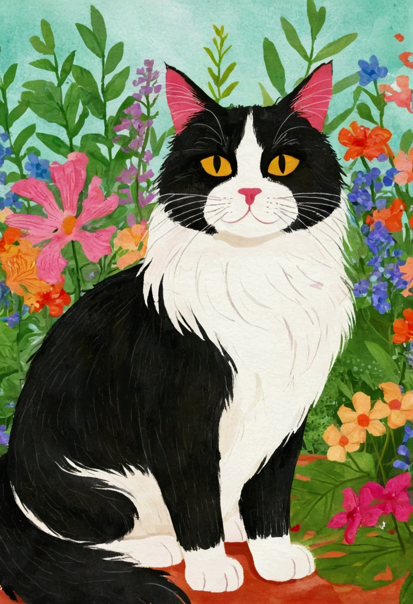 Close-up of a cat sitting among flowers, cats and plants, Juster Battle, cat in the forest, Tailcoat cat, Among the leaves, Large anthropomorphic Maine Coon, cat detailed, author:Laura Wheeler Waring, by Lisa Milroy, author:Neysa McMein, author:Meredith Dillman, A painting of a cat