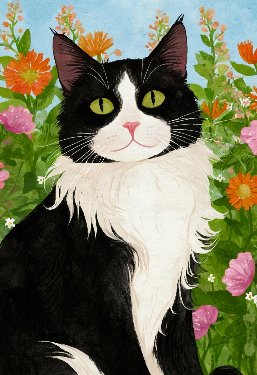 Close-up of a cat sitting among flowers, cats and plants, Juster Battle, cat in the forest, Tailcoat cat, Among the leaves, Large anthropomorphic Maine Coon, cat detailed, author:Laura Wheeler Waring, by Lisa Milroy, author:Neysa McMein, author:Meredith Dillman, A painting of a cat