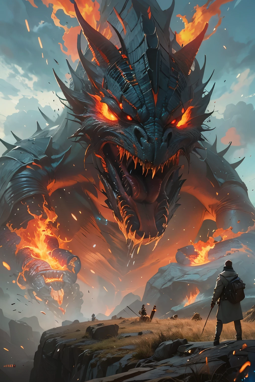 A very detailed painting,Depicts a man have a weapon on a hill gazing at a giant alien monster flame breath, author:Shinkai Makoto, By Art Jem, From Wlop, author:Greg Rutkowski, Volumetric Lighting, Octane Rendering, 4K resolution, Popular on artstation, masterpiece ,wind magic