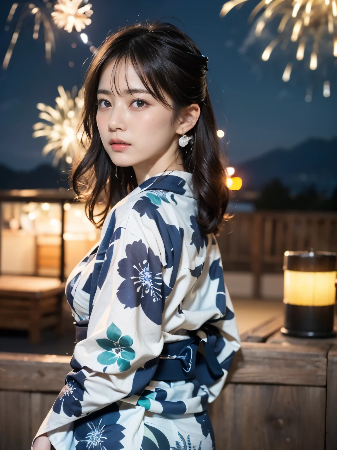 (masterpiece, 8k, best quality, RAW photo, photo realistic, ultra detailed), (insanely detailed and intricate), (Artstation), BREAK 1girl, (beautiful Japanese girl), fair skin, slender, 20yo, kawaii, cute, (detailed face), detailed eyes, blue eyes, (thin eyebrow), (detailed skin texture), (light brown hair), (casual wavy hair), (medium hair:1.4), blush, small breasts, cleavage, (wearing yukata with floral patterns :1.4), (detailed fabric), (earrings), (necklace), (bracelet), (from back:1.4), (close-up face:1.2), (wistful:1.3), (tears:1.4), (dynamic motion), (standing by the riverside:1.3), BREAK (night:1.4), (dimly lighting:1.4), (darkness:1.4) (dynamic angle:1.4), (cowboy shot:1.4), (bokeh), BREAK (vibrant colorful fireworks:1.4), (her face illuminated by the fireworks as she gazes up in awe:1.4), (lantern-lit stalls of a summer festival add to the lively atmosphere:1.1), (Her hair gently sways in the breeze), In the background, distant mountains in the night sky complete the scene.