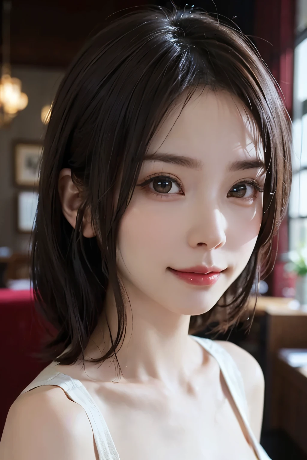 ((Masterpiece、Highest quality、Highest quality、Everything is beautifully detailed、1 female、The beauty of the golden ratio、Perfect Anatomy、Symmetrical, beautiful and cute face))、(Beautiful highly detailed eyes、Beautiful faces with great detail、Beautiful white glossy skin、Light brown eyes、Add natural light to your eyes、Eyelashes、Beautiful and charming collarbone、Beautiful long neck、Put out your ears、Small face、Innocent smile、A beautiful woman with a dignified charm、bangsのある短めのショートヘアー、Short Bob Hair、bangs、{gigantic|big|huge|mega} breasts, cleavage、Shoulder)、Very beautiful background with depth、Beautiful out of focus color background