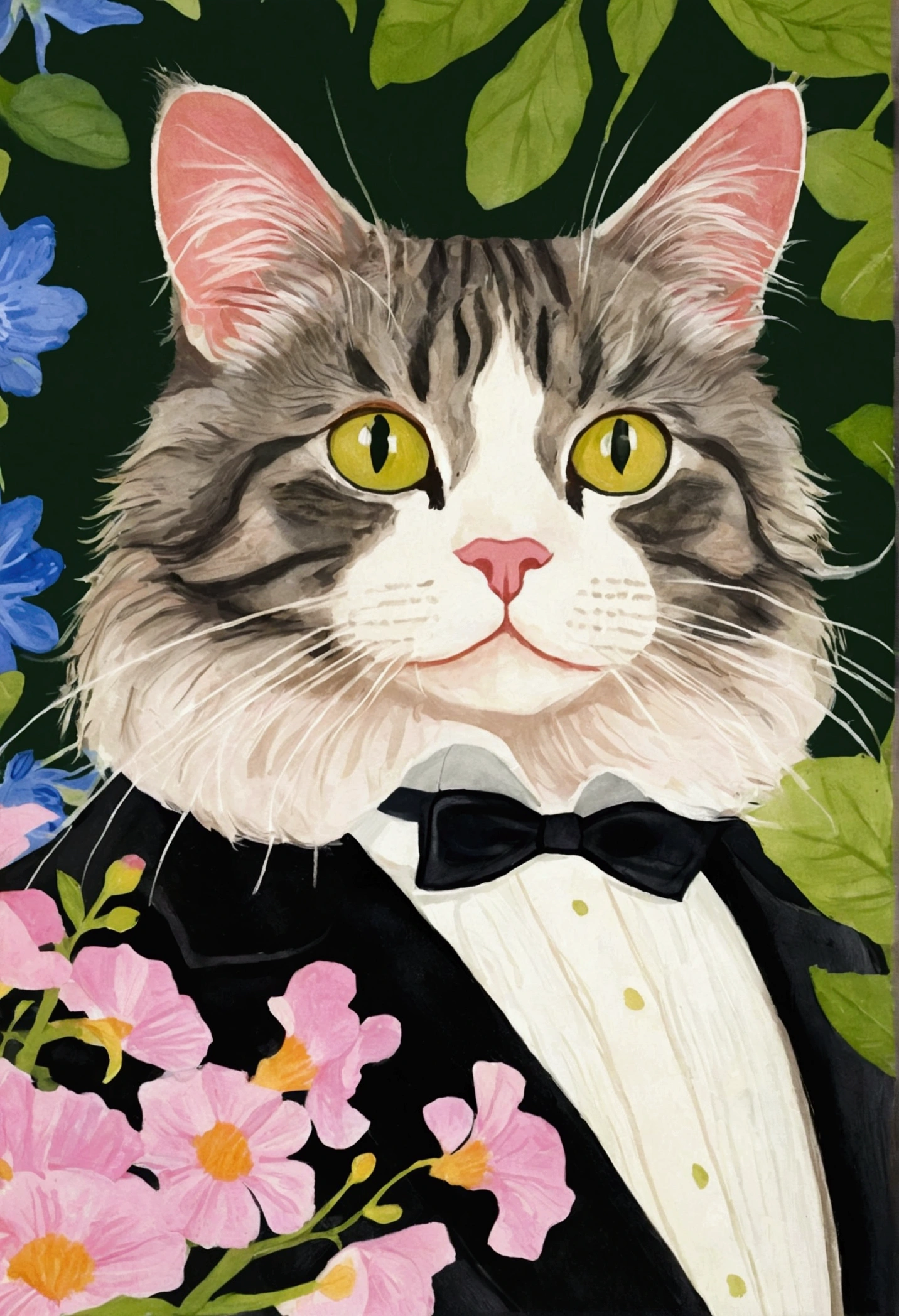 Close-up of a cat sitting among flowers, Laura Wheeler Wallin (Laura Wheeler Waring) A detailed painting of, Recommended on Behance, Furry Art, cats and plants, Juster Battle, cat in the forest, Tailcoat cat, Among the leaves, Large anthropomorphic Maine Coon, cat detailed, A painting of a cat, Cat portrait painting, Cat portrait, Illustration details