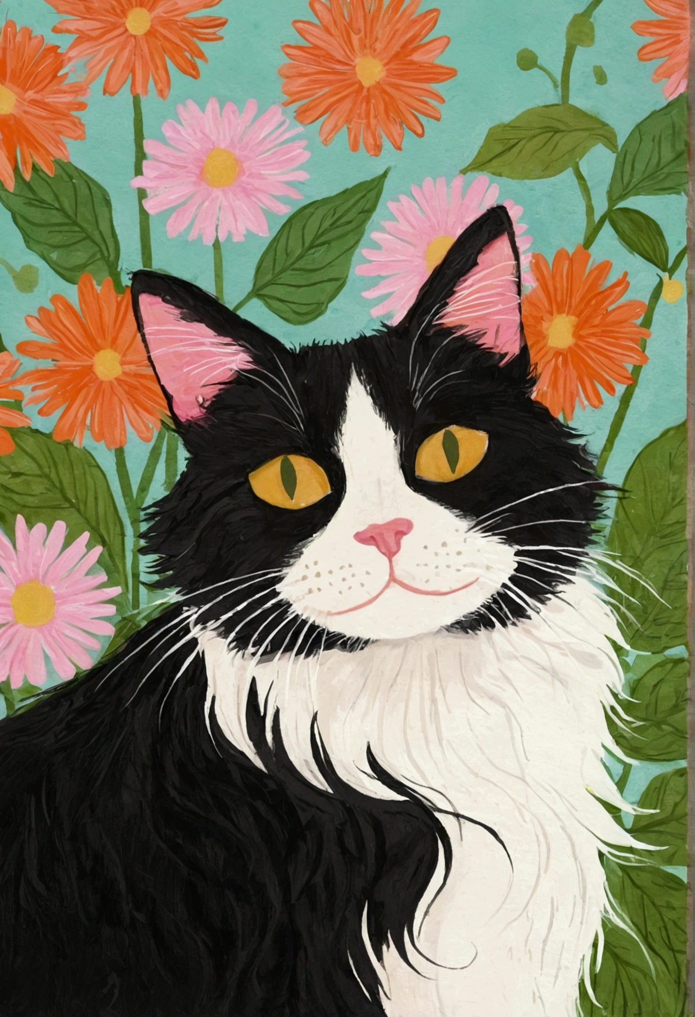 Close-up of a cat sitting among flowers, Laura Wheeler Wallin (Laura Wheeler Waring) A detailed painting of, Recommended on Behance, Furry Art, cats and plants, Juster Battle, cat in the forest, Tailcoat cat, Among the leaves, Large anthropomorphic Maine Coon, cat detailed, A painting of a cat, Cat portrait painting, Cat portrait, Illustration details