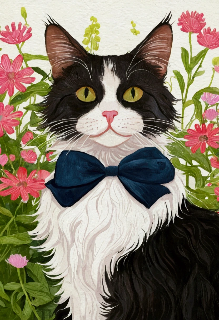 Close-up of a cat sitting among flowers, Laura Wheeler Wallin (Laura Wheeler Waring) A detailed painting of, Recommended on Behance, Furry Art, cats and plants, Juster Battle, cat in the forest, Tailcoat cat, Among the leaves, Large anthropomorphic Maine Coon, cat detailed, A painting of a cat, Cat portrait painting, Cat portrait, Illustration details