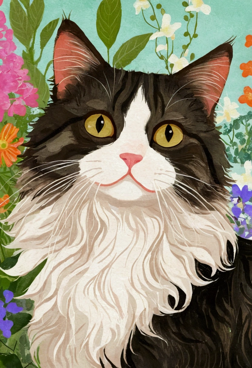Close-up of a cat sitting among flowers, Laura Wheeler Wallin (Laura Wheeler Waring) A detailed painting of, Recommended on Behance, Furry Art, cats and plants, Juster Battle, cat in the forest, Tailcoat cat, Among the leaves, Large anthropomorphic Maine Coon, cat detailed, A painting of a cat, Cat portrait painting, Cat portrait, Illustration details