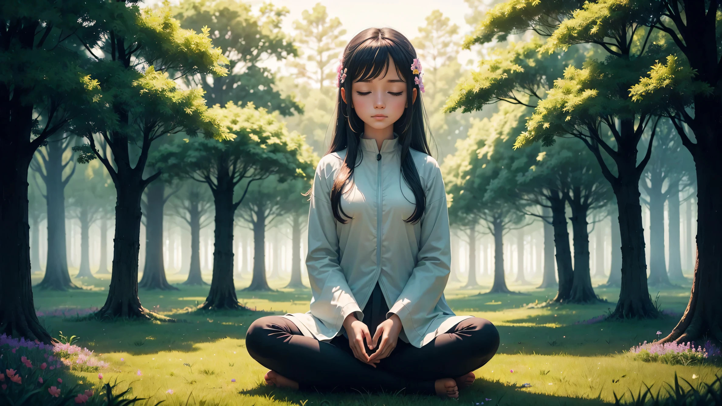 A photo of a girl meditating, surrounded by nature, like a peaceful forest or a field full of colorful flowers.. 
This image conveys a sense of serenity, connection with nature and an atmosphere of peace, which is consistent with the tone of the prayer.