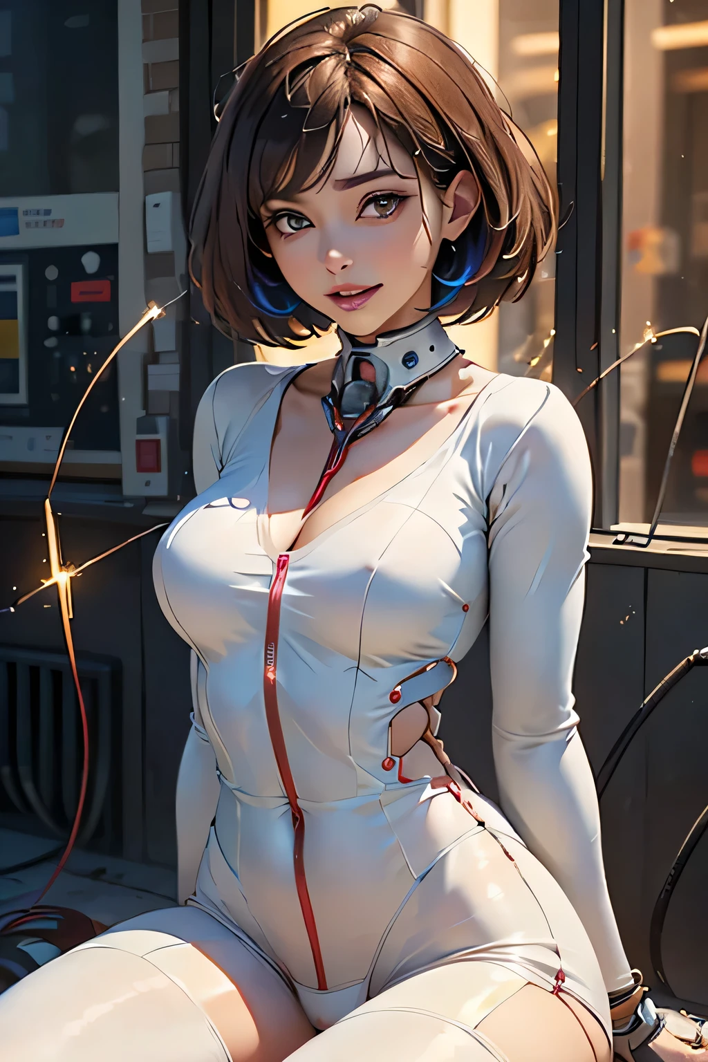 (((Sparks fly))), (((Highest quality))), ((Very detailedな)), (High-definition CG illustrations), ((Very delicate and beautiful)), Cinematic Light,((1 Mecha Woman)),alone,mature,(Ahegao),Big and ample breasts,Plump, whole body,(Machine made joints:1.2),((Mechanical marginal vessels connected to tubes),((Cervical vertebrae mechanically attached to the neck)),(((The crotch is open))),(Sitting),(wires and cables around the neck:1.2),(Overhead Wires and Cables:1.2)(Character Focus),sf,((Very detailed,colorful)),Best details