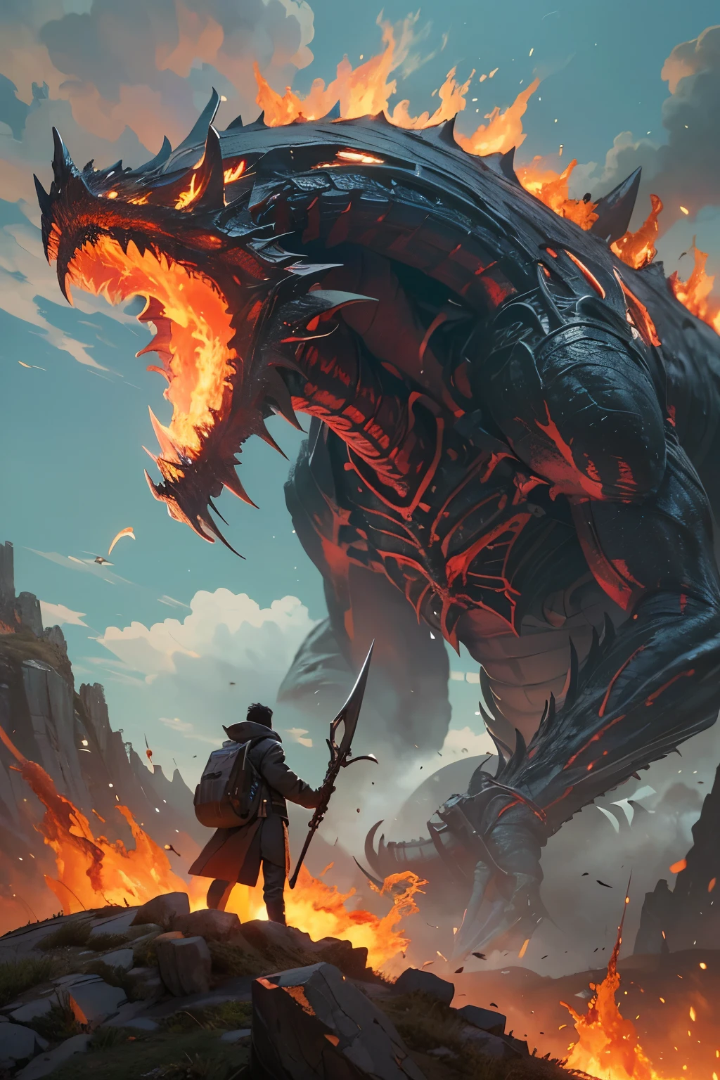 A very detailed painting,Depicts a man have a weapon on a hill gazing at a giant alien monster flame breath, author:Shinkai Makoto, By Art Jem, From Wlop, author:Greg Rutkowski, Volumetric Lighting, Octane Rendering, 4K resolution, Popular on artstation, masterpiece ,wind magic
